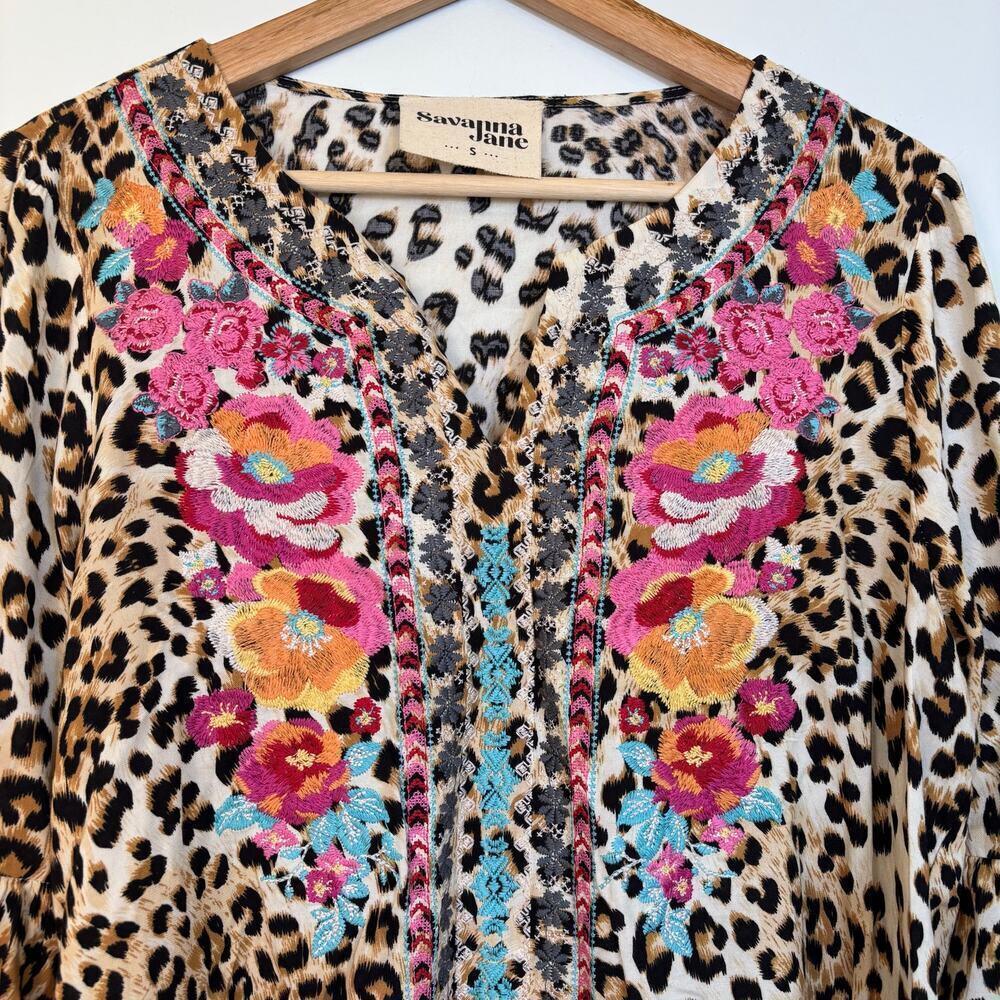 Savanna Janne Venice Leopard Embroidered Tunic size Small Bell Long Sleeves Boho - Picture 10 of 10